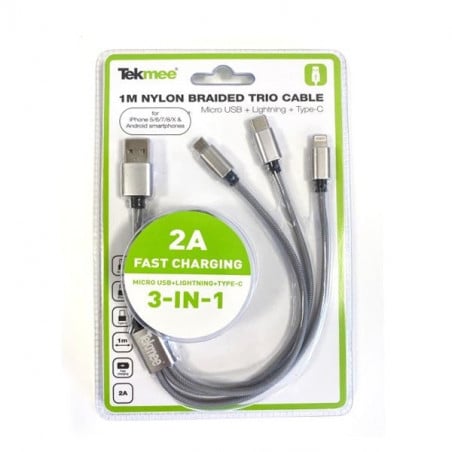 USB-Kabel 3-in-1 Nylon geflochten 2A - Tekmee | 1 Meter