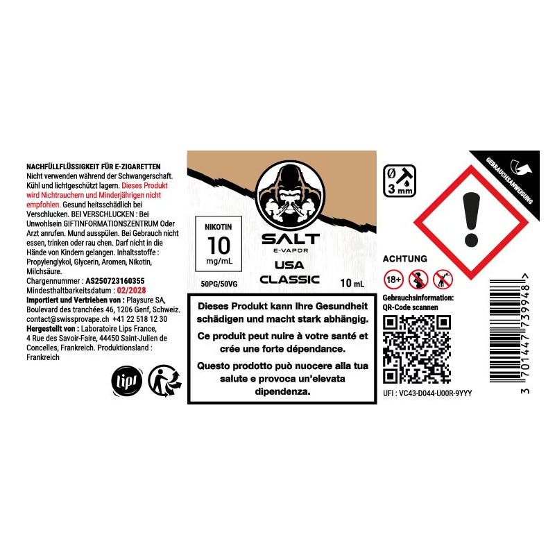 USA Classic - Sels de nicotine - Salt E-Vapor | 10ml
