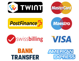 logo of our payment methods: Mastercard, Visa, Twint, PostFinance, Swissbilling, Virement Bancaire, American Express, Maestro