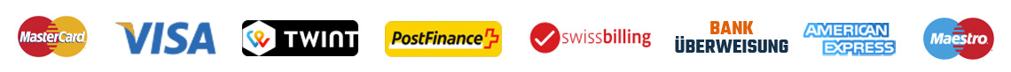 Logo unserer Zahlungsmittel : Mastercard, Visa, Twint, PostFinance, Swissbilling, Virement Bancaire, American Express, Maestro