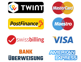 Logo unserer Zahlungsmittel : Mastercard, Visa, Twint, PostFinance, Swissbilling, Virement Bancaire, American Express, Maestro