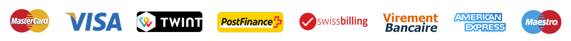 logo de nos moyen de paiement : Mastercard, Visa, Twint, PostFinance, Swissbilling, Virement Bancaire, American Express, Maestro