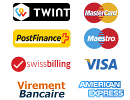 logo de nos moyen de paiement : Mastercard, Visa, Twint, PostFinance, Swissbilling, Virement Bancaire, American Express, Maestro