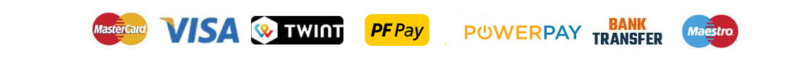 logo of our payment methods: Mastercard, Visa, Twint, PostFinance, Swissbilling, Virement Bancaire, American Express, Maestro