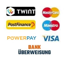 Logo unserer Zahlungsmittel : Mastercard, Visa, Twint, PostFinance, Swissbilling, Virement Bancaire, American Express, Maestro