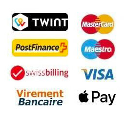 logo de nos moyen de paiement : Mastercard, Visa, Twint, PostFinance, Swissbilling, Virement Bancaire, American Express, Maestro