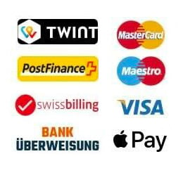 Logo unserer Zahlungsmittel : Mastercard, Visa, Twint, PostFinance, Swissbilling, Virement Bancaire, American Express, Maestro