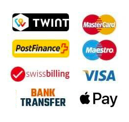 logo of our payment methods: Mastercard, Visa, Twint, PostFinance, Swissbilling, Virement Bancaire, American Express, Maestro