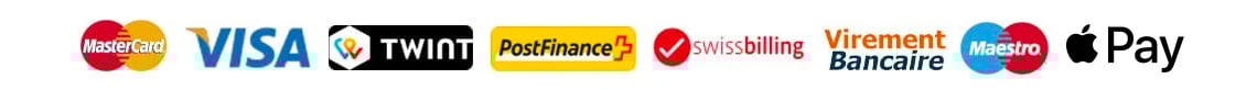 logo de nos moyen de paiement : Mastercard, Visa, Twint, PostFinance, Swissbilling, Virement Bancaire, American Express, Maestro