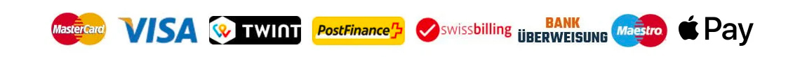 Logo unserer Zahlungsmittel : Mastercard, Visa, Twint, PostFinance, Swissbilling, Virement Bancaire, American Express, Maestro
