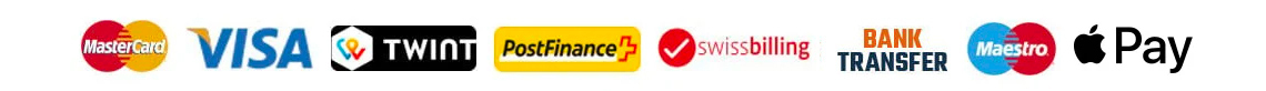 logo of our payment methods: Mastercard, Visa, Twint, PostFinance, Swissbilling, Virement Bancaire, American Express, Maestro