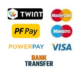logo of our payment methods: Mastercard, Visa, Twint, PostFinance, Swissbilling, Virement Bancaire, American Express, Maestro