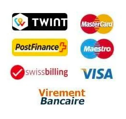 logo de nos moyen de paiement : Mastercard, Visa, Twint, PostFinance, Swissbilling, Virement Bancaire, American Express, Maestro