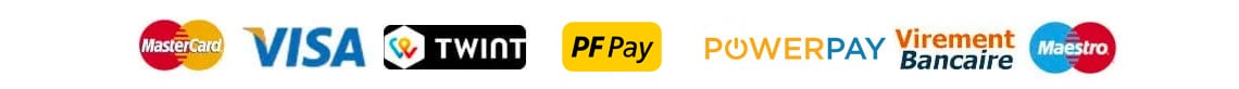 logo de nos moyen de paiement : Mastercard, Visa, Twint, PostFinance, Swissbilling, Virement Bancaire, American Express, Maestro