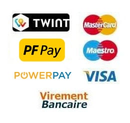 logo de nos moyen de paiement : Mastercard, Visa, Twint, PostFinance, Swissbilling, Virement Bancaire, American Express, Maestro