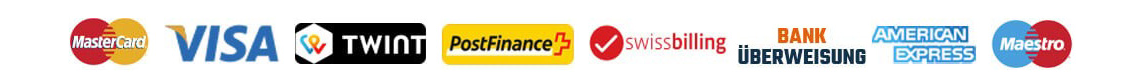 Logo unserer Zahlungsmittel : Mastercard, Visa, Twint, PostFinance, Swissbilling, Virement Bancaire, American Express, Maestro