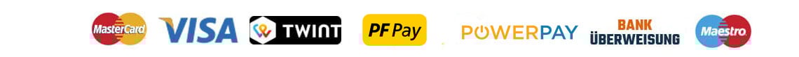 Logo unserer Zahlungsmittel : Mastercard, Visa, Twint, PostFinance, Swissbilling, Virement Bancaire, American Express, Maestro